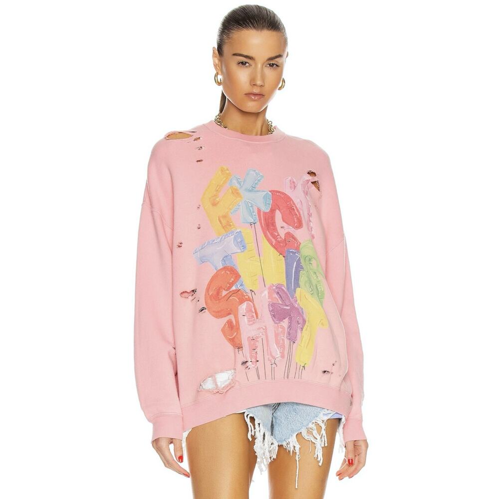 R13 F*CK THIS SH*T Pink Oversized Heavily Distressed Sweatshirt M